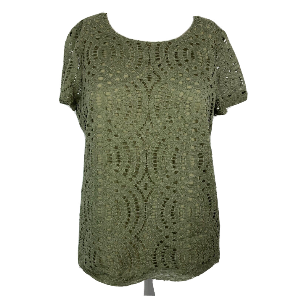 J. Crew Shirt Womens Sz 2 Olive Green Lace Crotchet Short Sleeve Top‎ Rear Zip